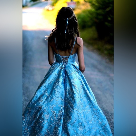 READ CAPTION Sherri Hill blue brocade prom dress style # 53328 - Picture 4 of 4